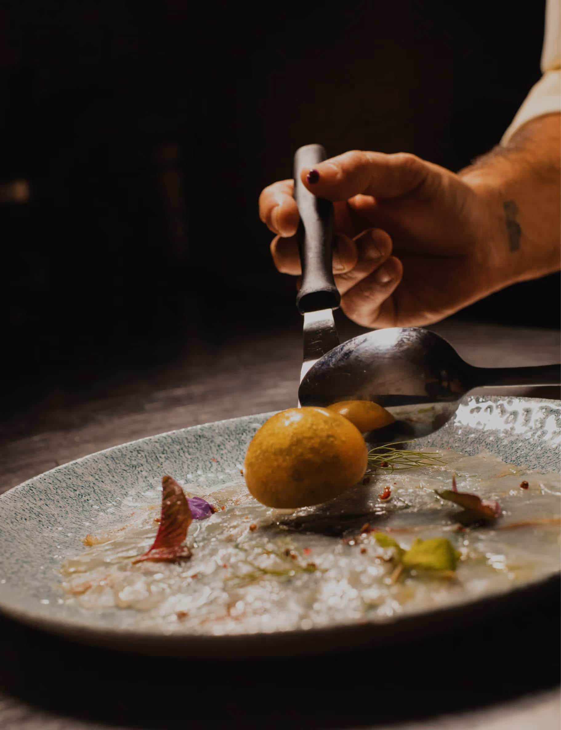 Close up of a chef plating a dish