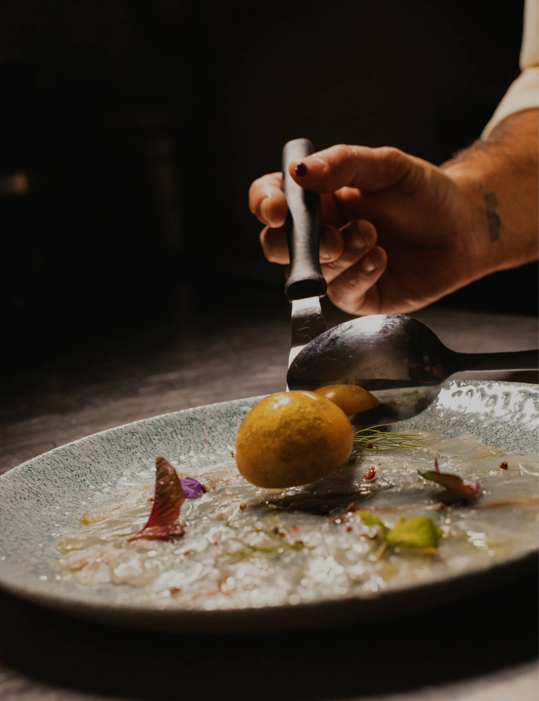 Close up of a chef plating a dish
